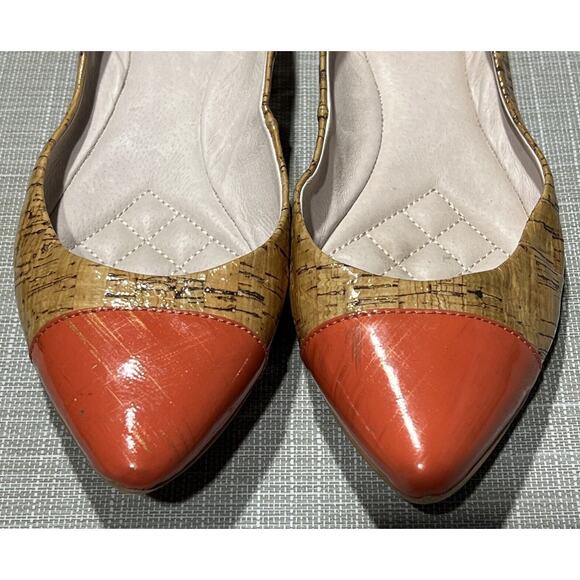 Vince Camuto Tashara Natural Coral Cork Patent Flats Shoes Size 6 EUC Mauve Trim - Picture 2 of 8